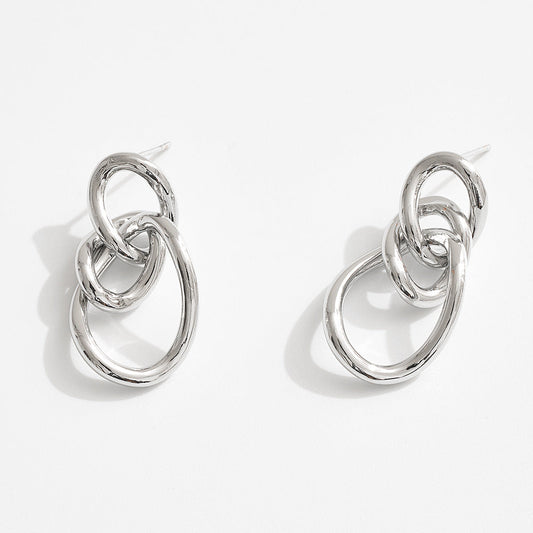 Madeline Love Silver, White Gold White Gold Dipped Triple Interlocking Hoop Drop Earrings