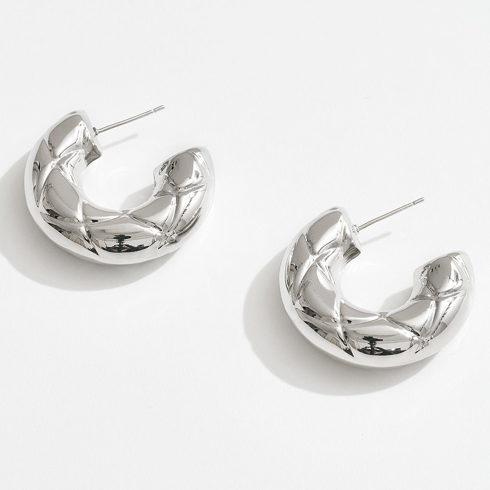 Madeline Love Silver, White Gold White Gold Dipped Quilted Half Hoop Earrings - desc