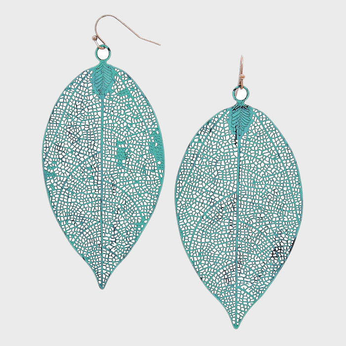 Madeline Love Copper, Patina Verdigris Leaf Metal Earrings