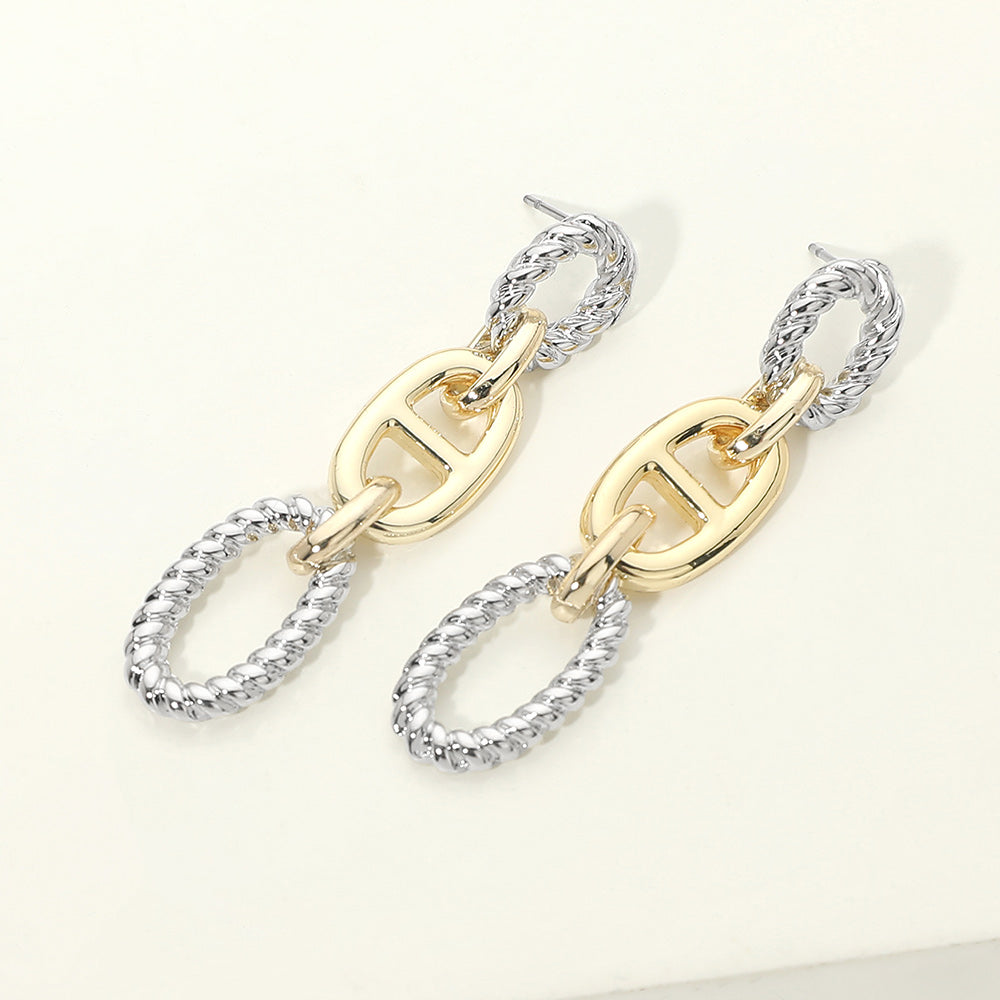 Madeline Love Two Tone 14K Gold Plated Two Tone Rope Oval Ring Mariner Link Drop Earrings