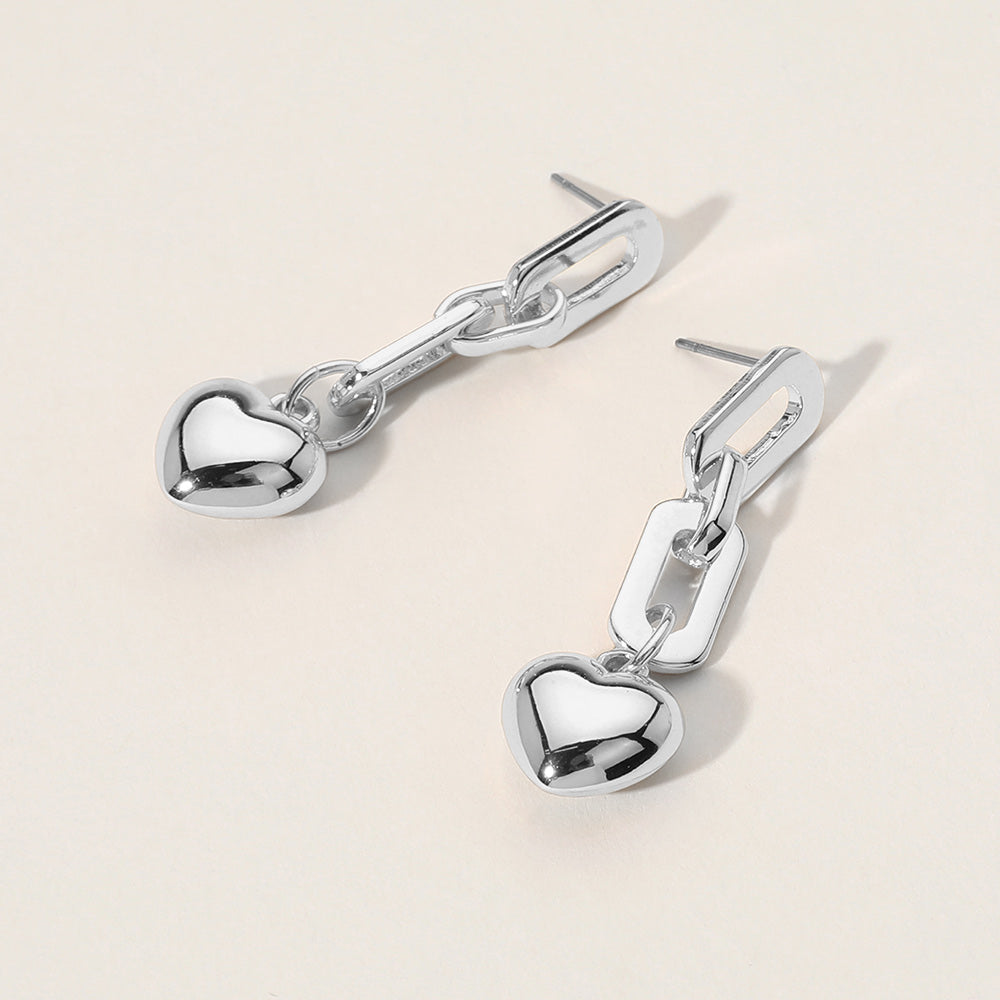 Madeline Love Silver Metal Paperclip Link Dropdown Puffy Heart Dangle Earrings