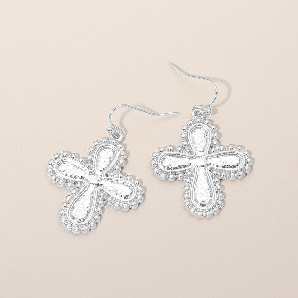 Madeline Love Worn Silver Textured Worn Metal Cross Drop Dangle Earrings