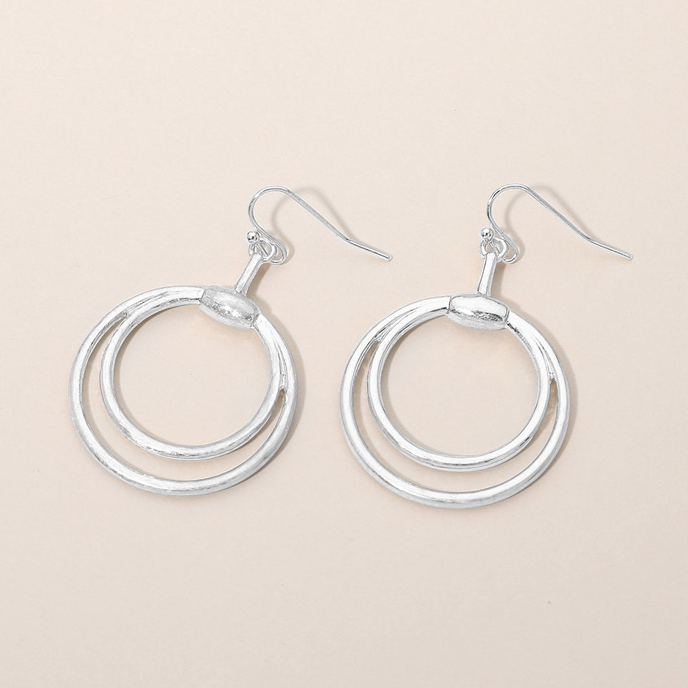 Madeline Love Worn Silver Open Metal Double Layered Circle Drop Earrings