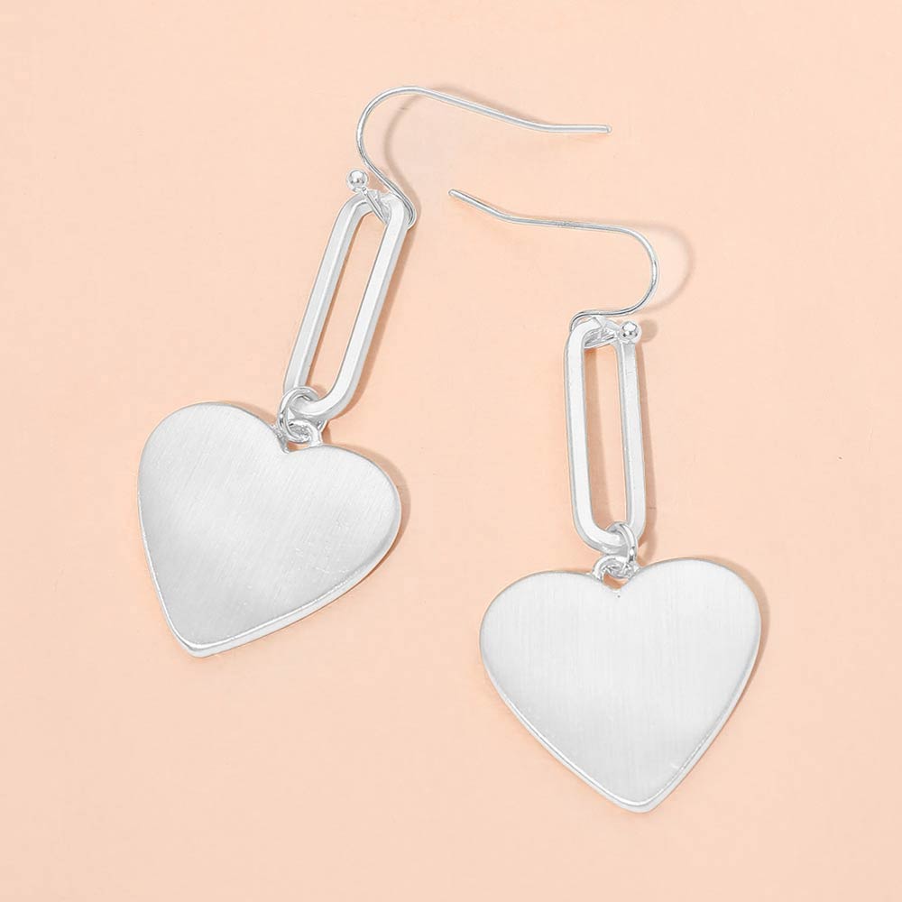 Madeline Love Matte Silver Metal Heart Plate Drop Earrings