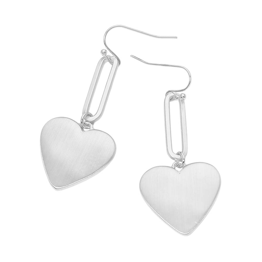 Madeline Love Matte Silver Metal Heart Plate Drop Earrings - desc