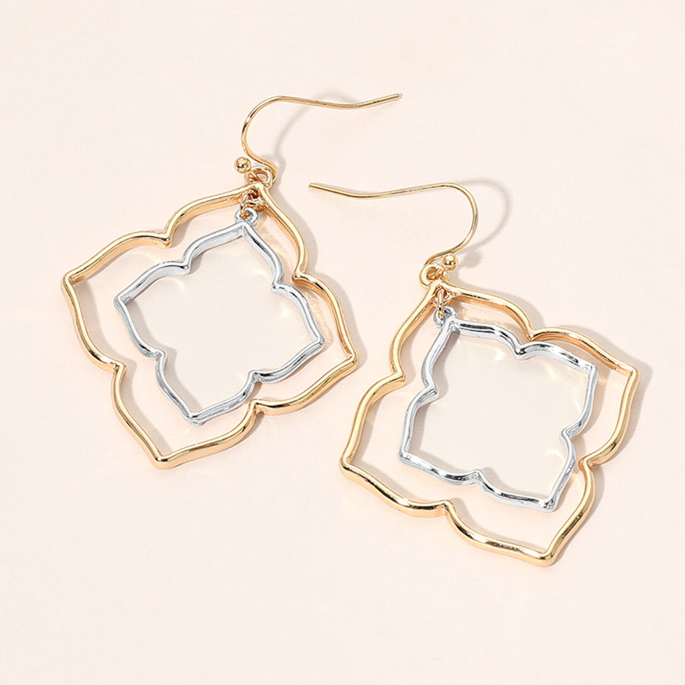 Madeline Love Two Tone Double Layered Metal Quatrefoil Openwork Drop Dangle Earrings