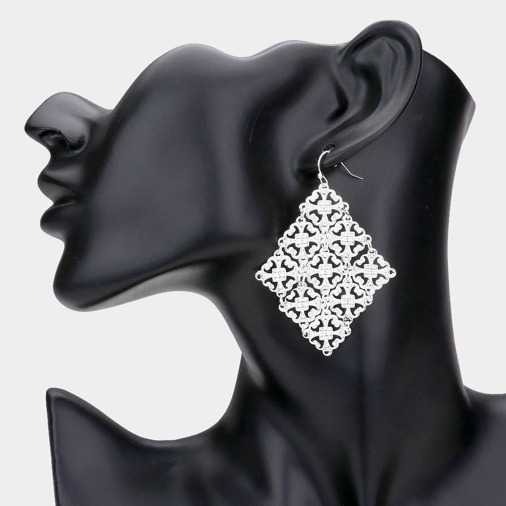 Madeline Love Matte Silver Filigree Metal Kite Earrings