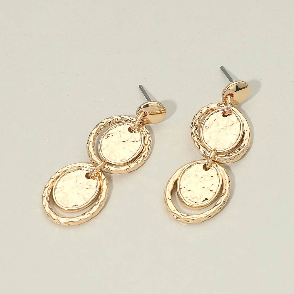 Madeline Love Gold Hammered Metal Layered Oval Disc Link Drop Earrings