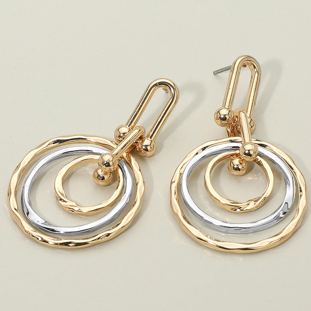 Madeline Love Gold, Two Tone Hammered Metal Layered Spiral Hoop Drop Earrings