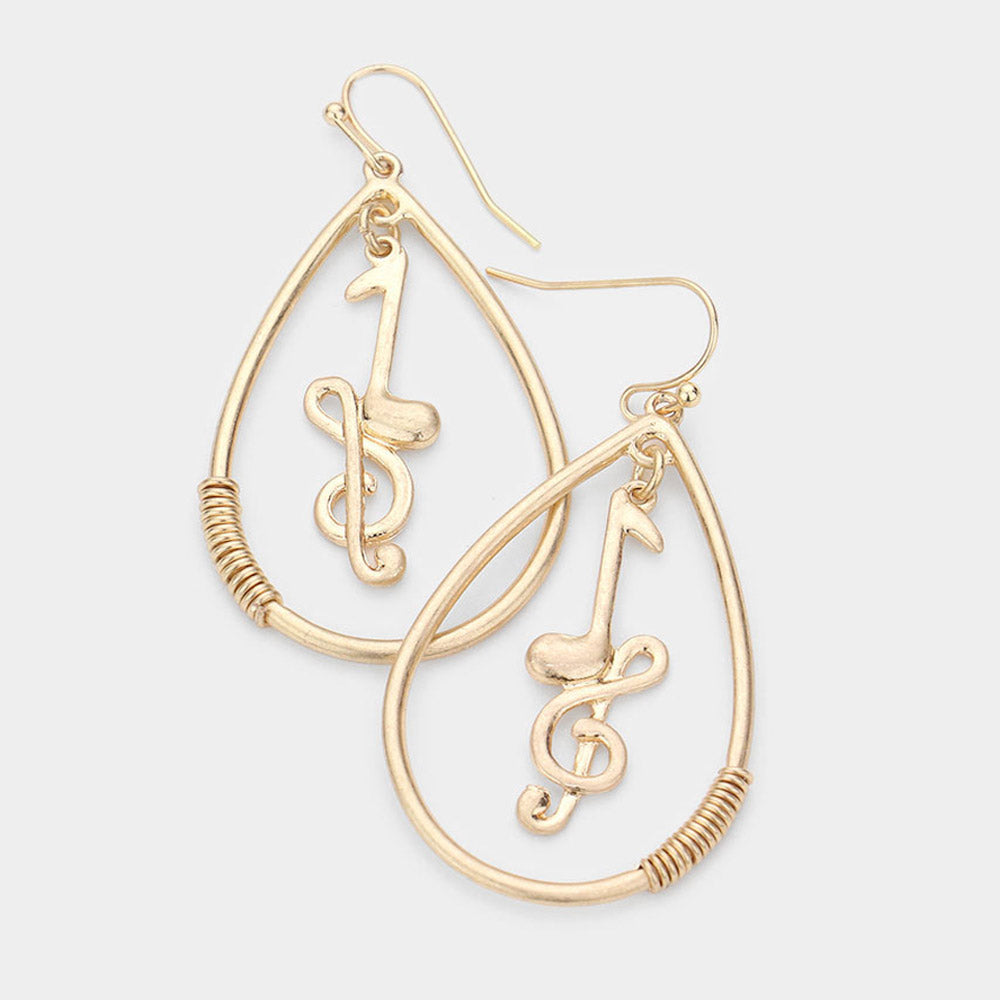 Madeline Love Worn Gold Music Nots Treble Clef Accented Open Metal Teardrop Dangle Earrings