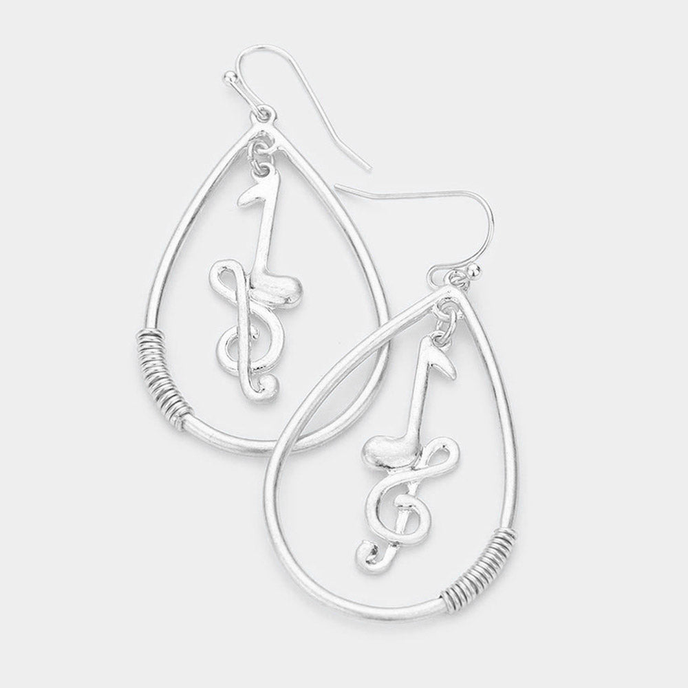 Madeline Love Worn Silver Music Nots Treble Clef Accented Open Metal Teardrop Dangle Earrings