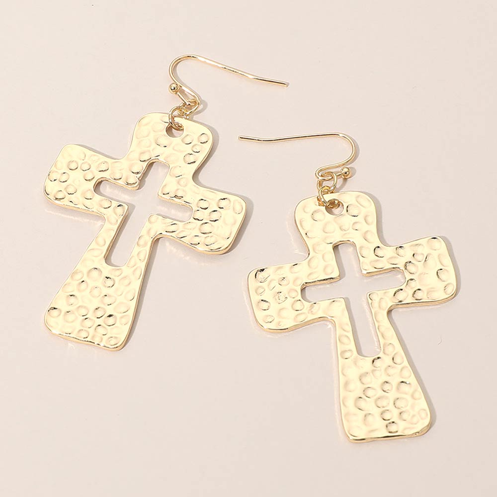 Madeline Love Gold Hammered Metal Open Cross Drop Dangle Earrings
