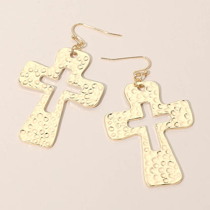 Madeline Love Gold Hammered Metal Open Cross Drop Dangle Earrings