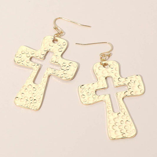 Madeline Love Gold Hammered Metal Open Cross Drop Dangle Earrings