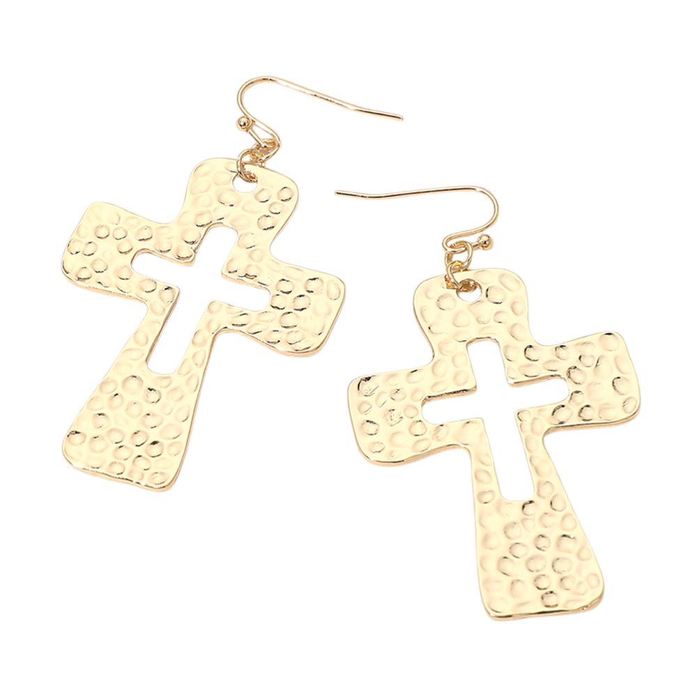 Madeline Love Gold Hammered Metal Open Cross Drop Dangle Earrings - desc