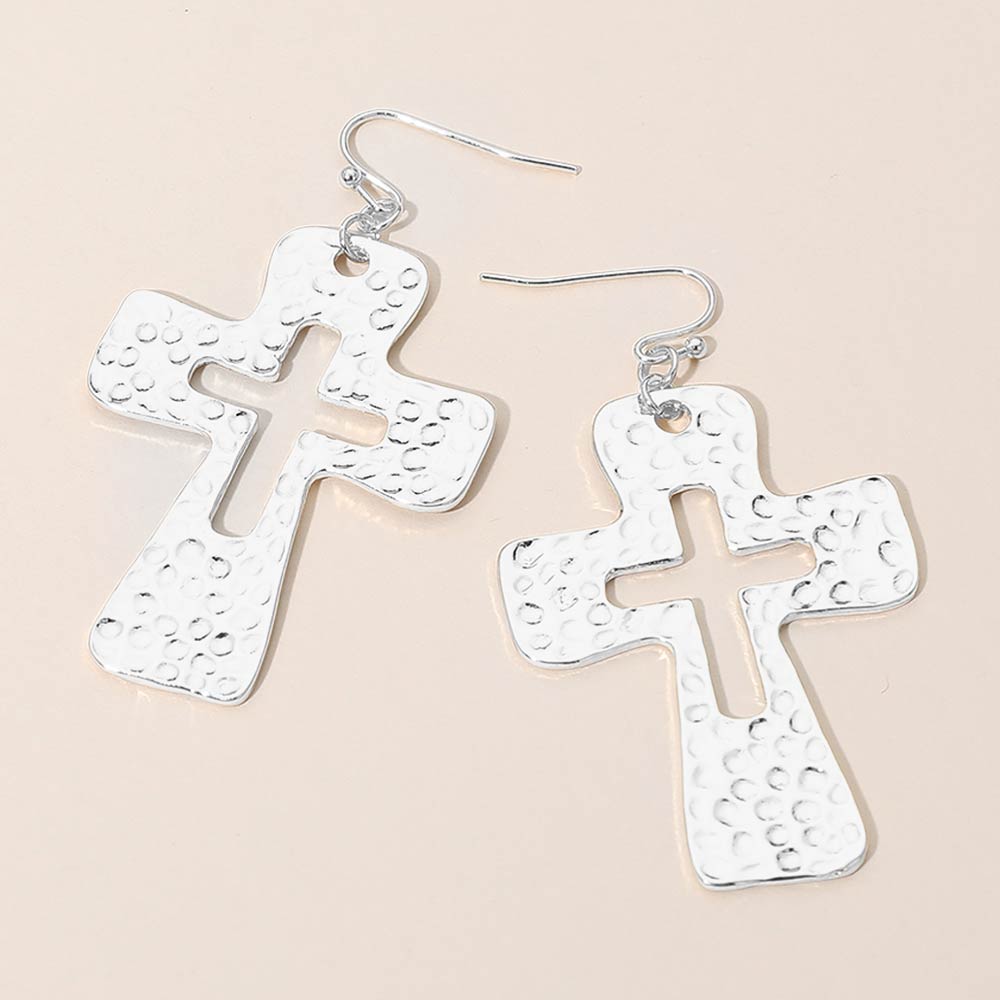 Madeline Love Rhodium Hammered Metal Open Cross Drop Dangle Earrings