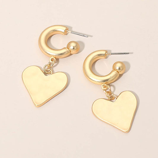 Madeline Love Gold Matte Hammered Metal Heart Charm Drop Mini Hoop Earrings