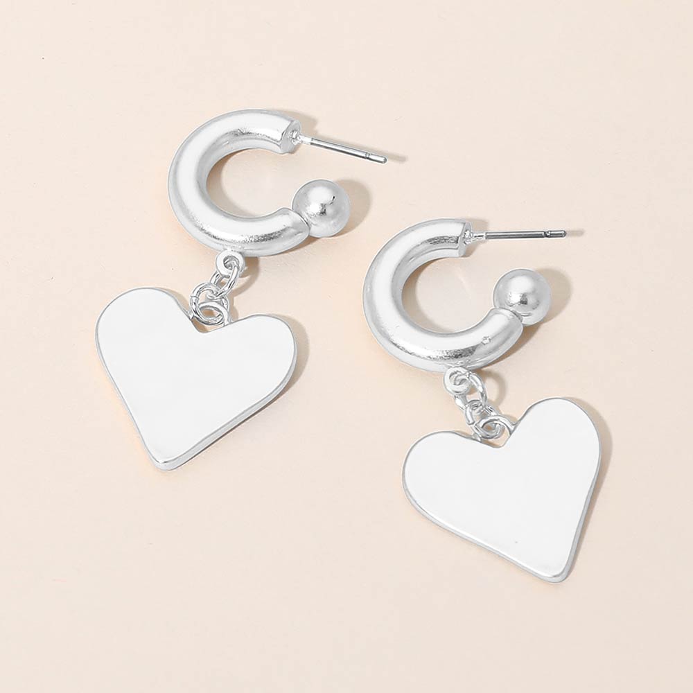 Madeline Love Silver Matte Hammered Metal Heart Charm Drop Mini Hoop Earrings
