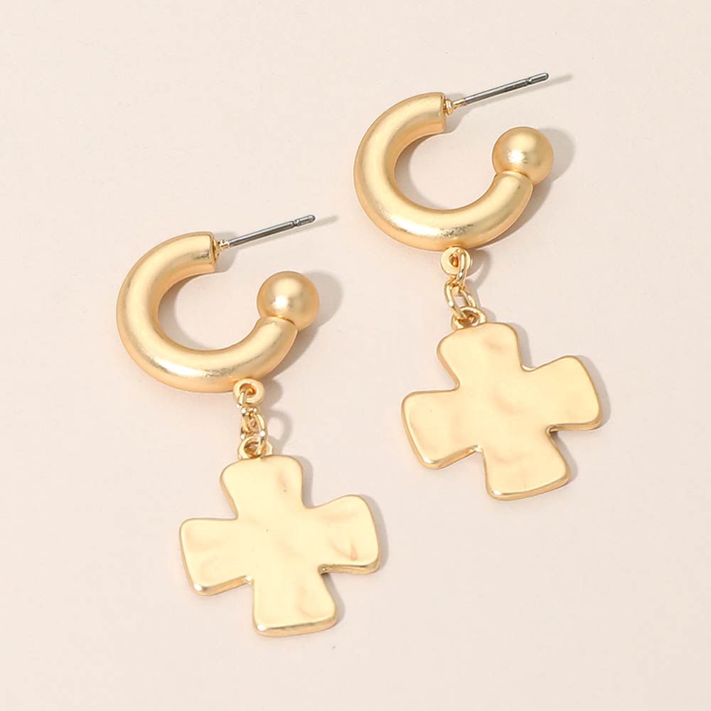Madeline Love Gold Matte Hammered Metal Cross Charm Drop Mini Hoop Earrings