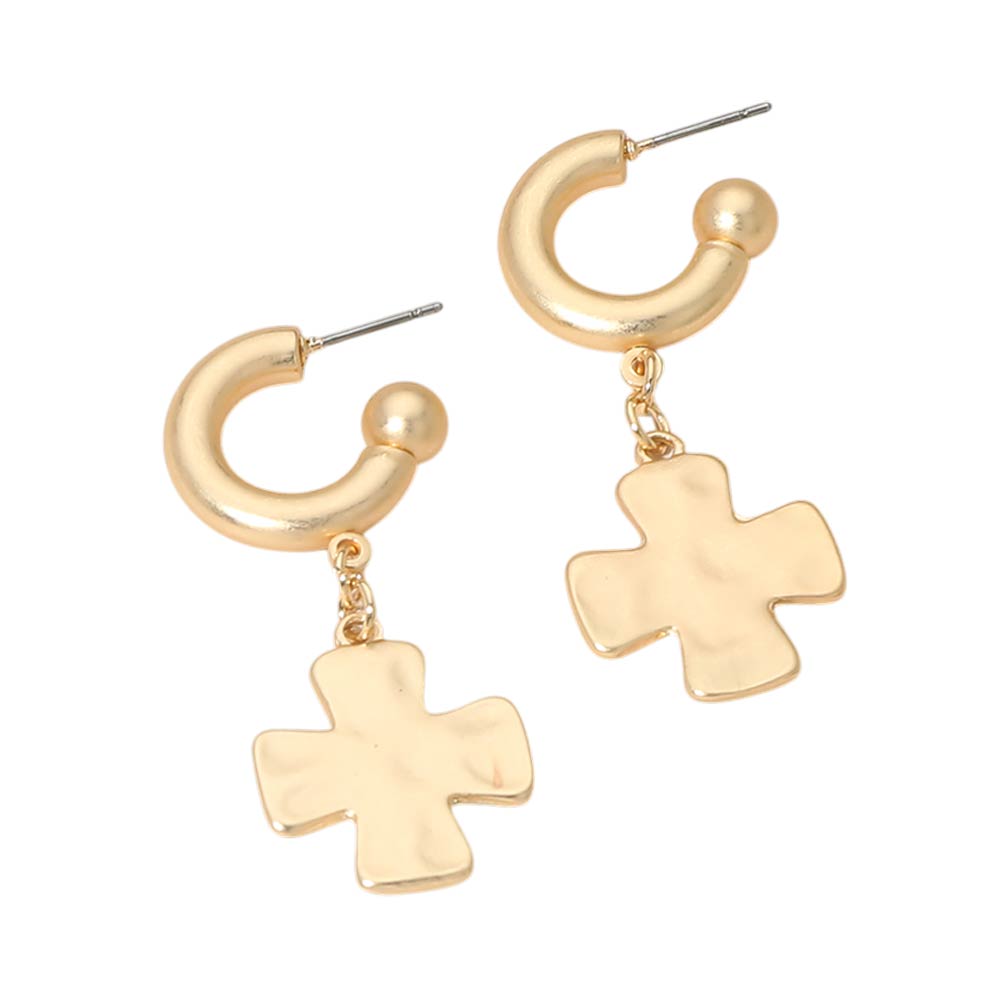 Madeline Love Gold Matte Hammered Metal Cross Charm Drop Mini Hoop Earrings - desc