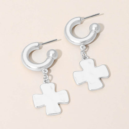 Madeline Love Silver Matte Hammered Metal Cross Charm Drop Mini Hoop Earrings