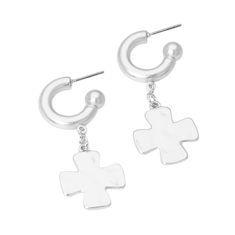Madeline Love Silver Matte Hammered Metal Cross Charm Drop Mini Hoop Earrings - desc
