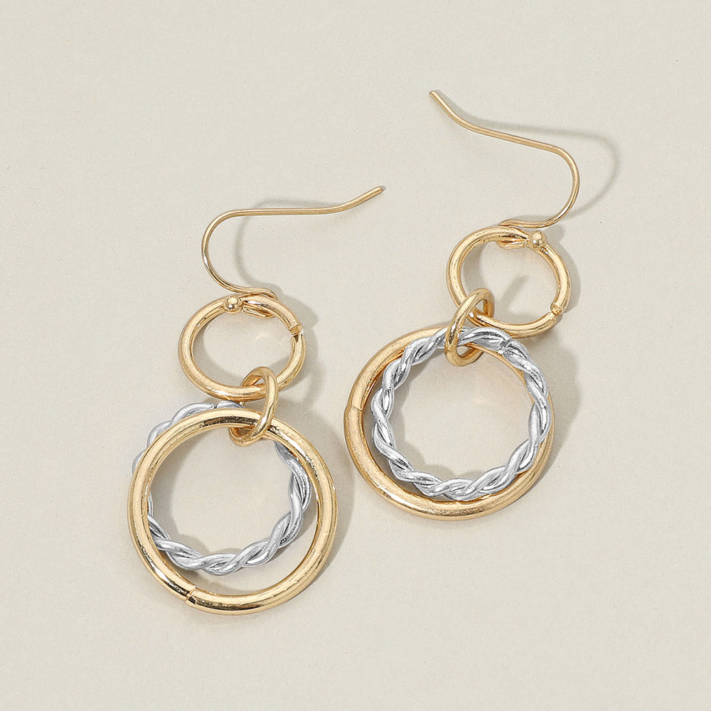Madeline Love Two Tone, Worn Gold Twisted Metal Double Circle Link Drop Earrings