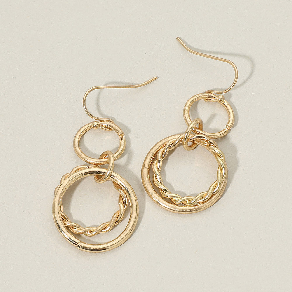 Madeline Love Worn Gold Twisted Metal Double Circle Link Drop Earrings
