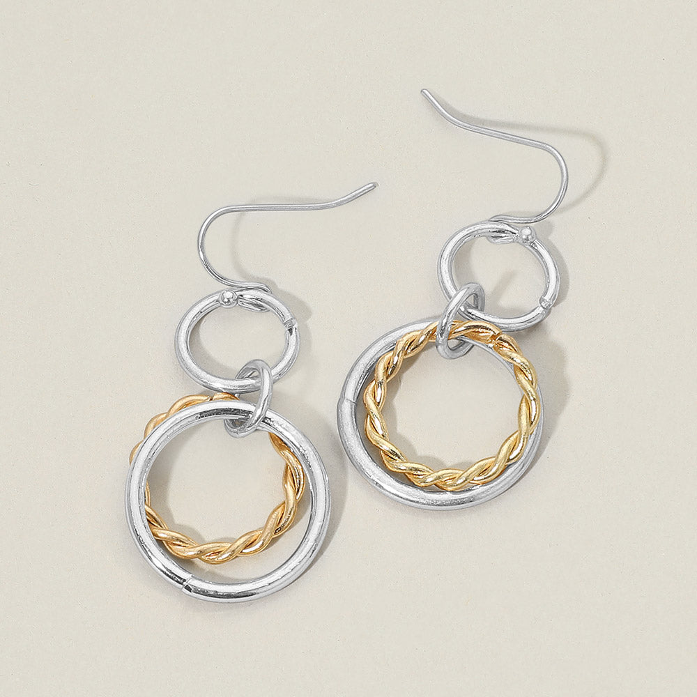 Madeline Love Two Tone, Worn Silver Twisted Metal Double Circle Link Drop Earrings