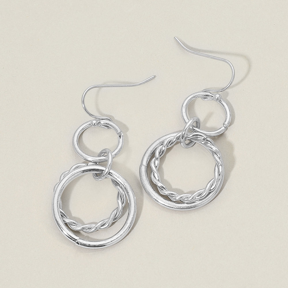 Madeline Love Worn Silver Twisted Metal Double Circle Link Drop Earrings