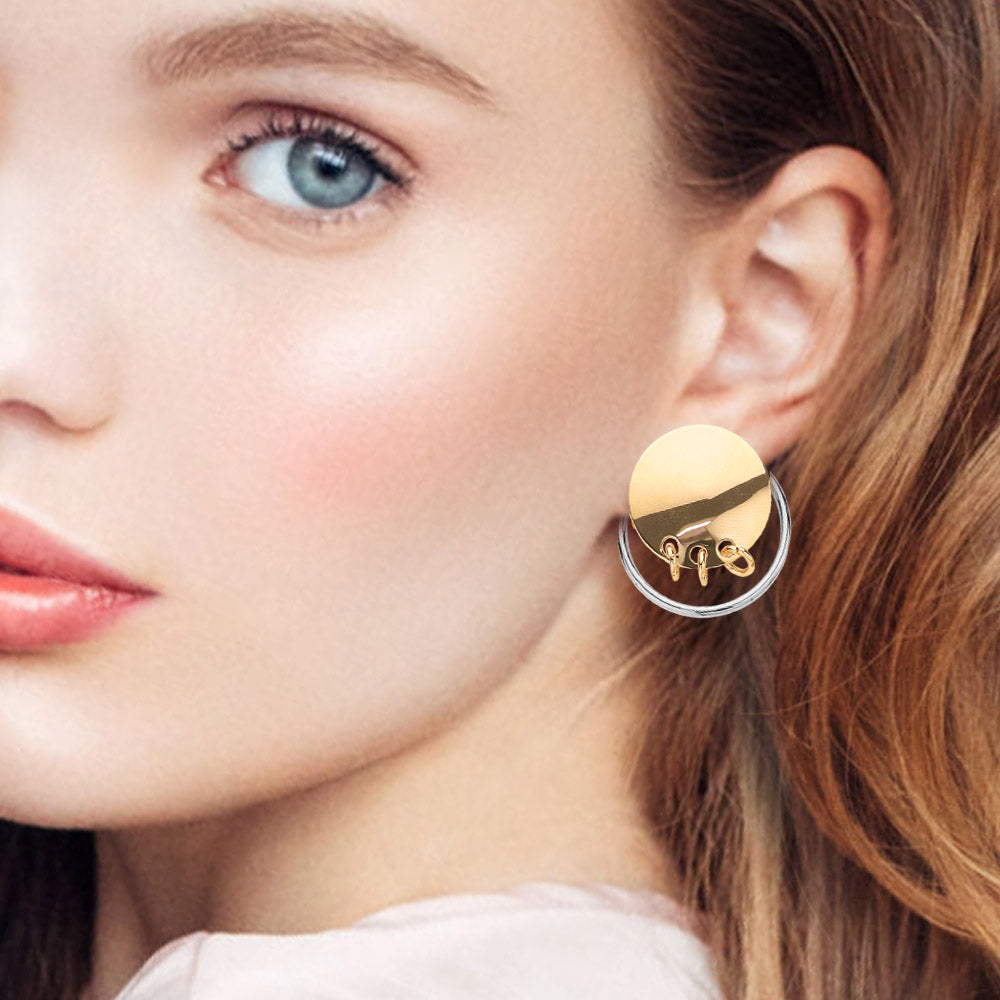 Madeline Love Gold Triple Ring Linked Metal Disc Metal Hoop Earrings