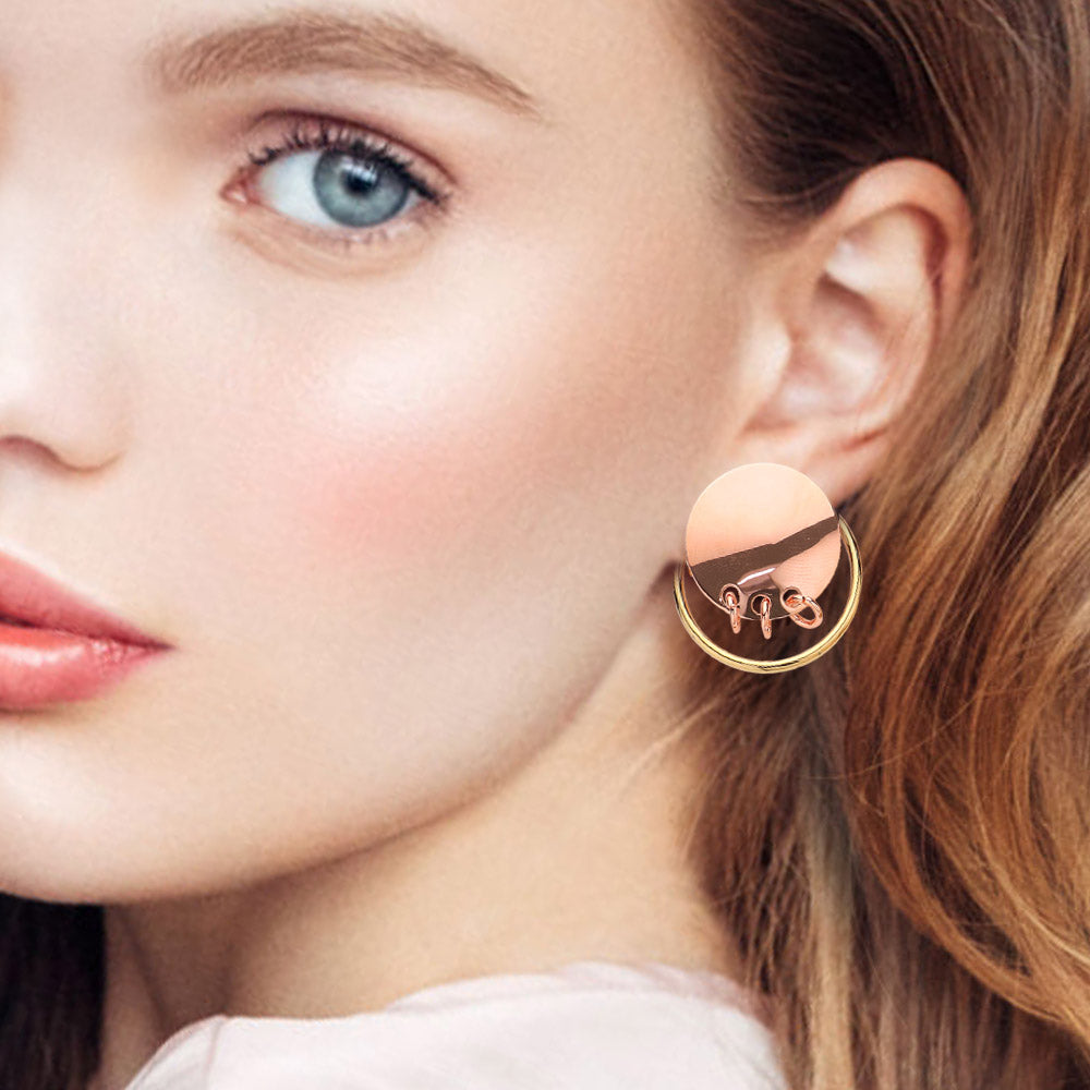 Madeline Love Rose Gold Triple Ring Linked Metal Disc Metal Hoop Earrings