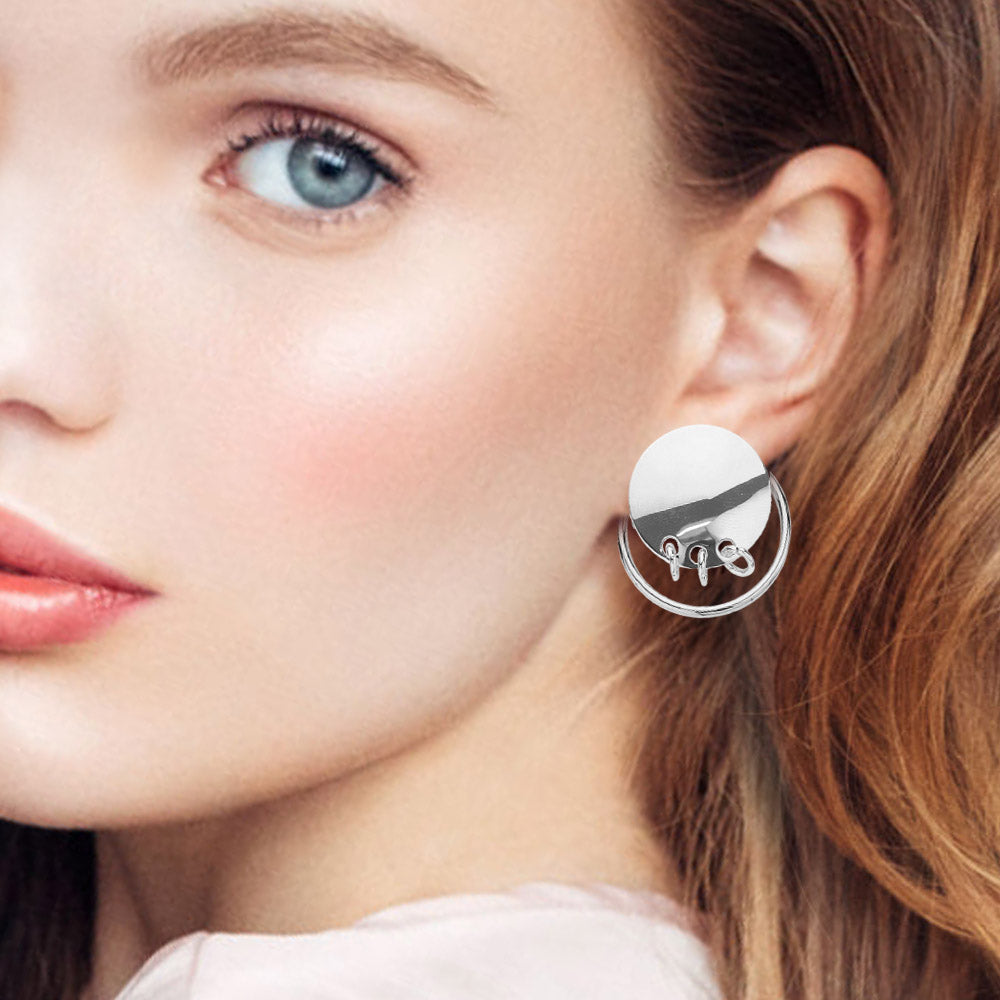 Madeline Love Rhodium Triple Ring Linked Metal Disc Metal Hoop Earrings