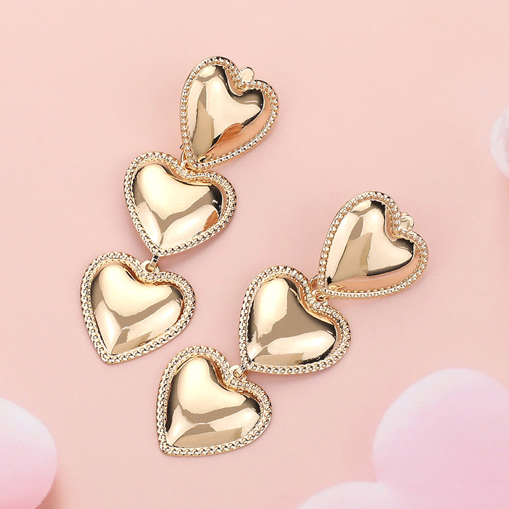 Triple Metal Heart Link Dropdown Earrings