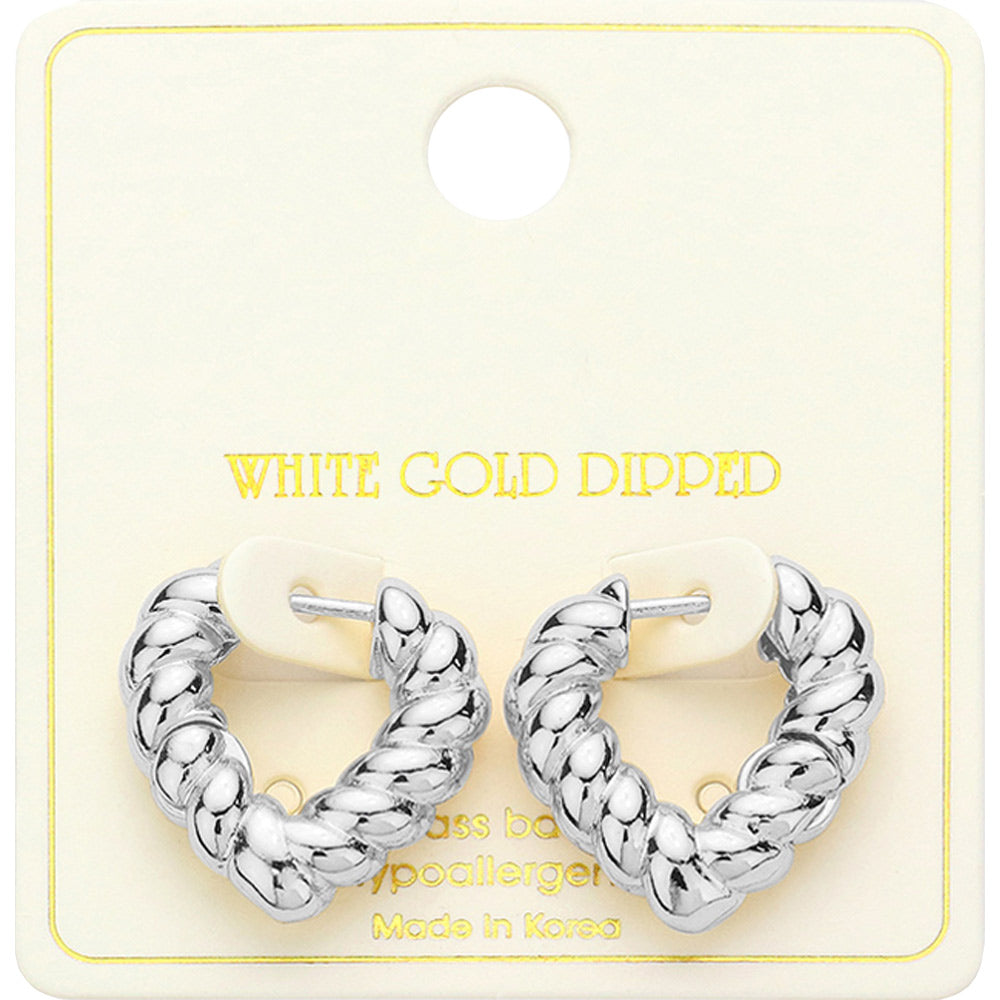 White Gold Dipped Twisted Heart Huggie Earrings