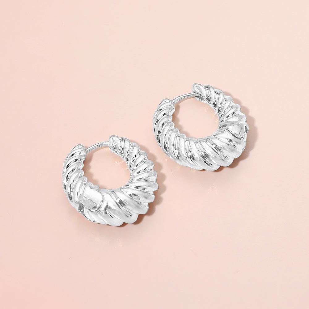 Madeline Love Worn Silver Ribbed Metal Huggie Hoop Earrings