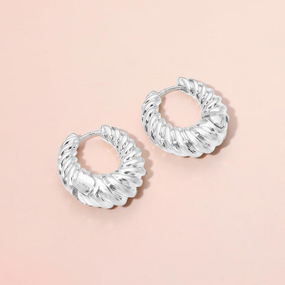 Madeline Love Worn Silver Ribbed Metal Huggie Hoop Earrings