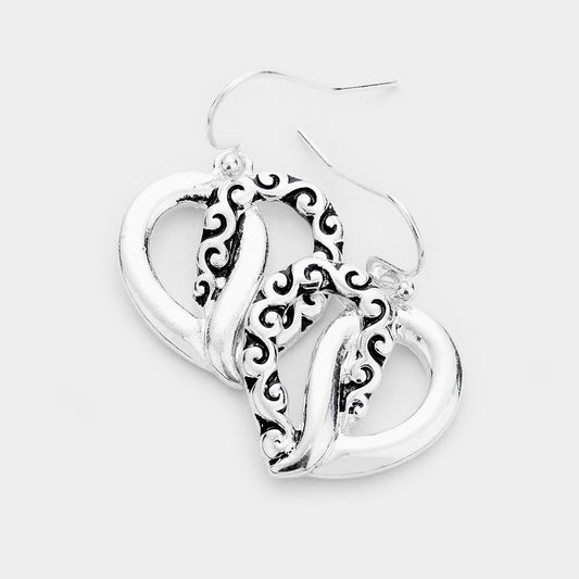 Embossed Pattern Antique Metal Knotted Heart Earrings