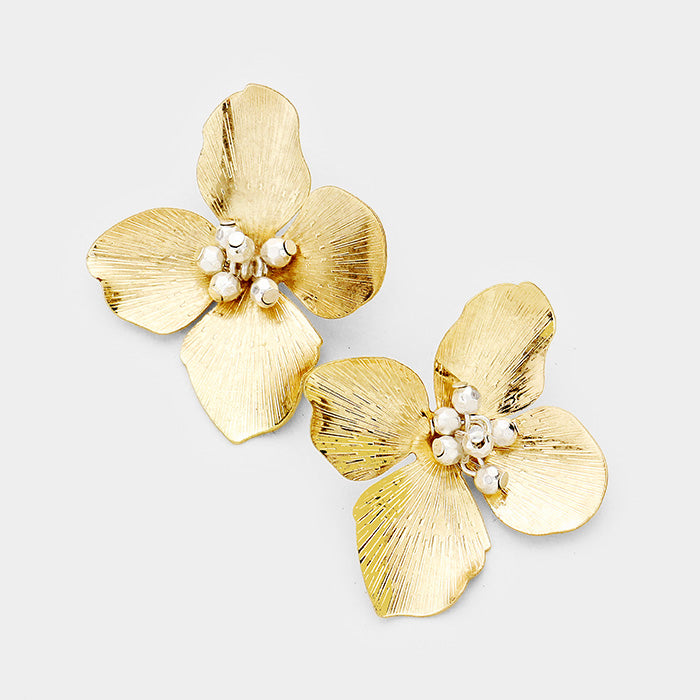 Madeline Love Worn Gold Metal Beaded Flower Earrings