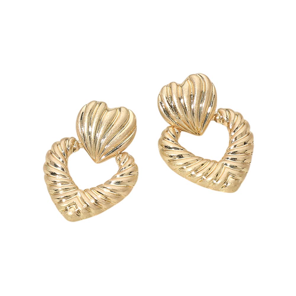 Madeline Love Worn Gold Textured Metal Double Heart Earrings - desc