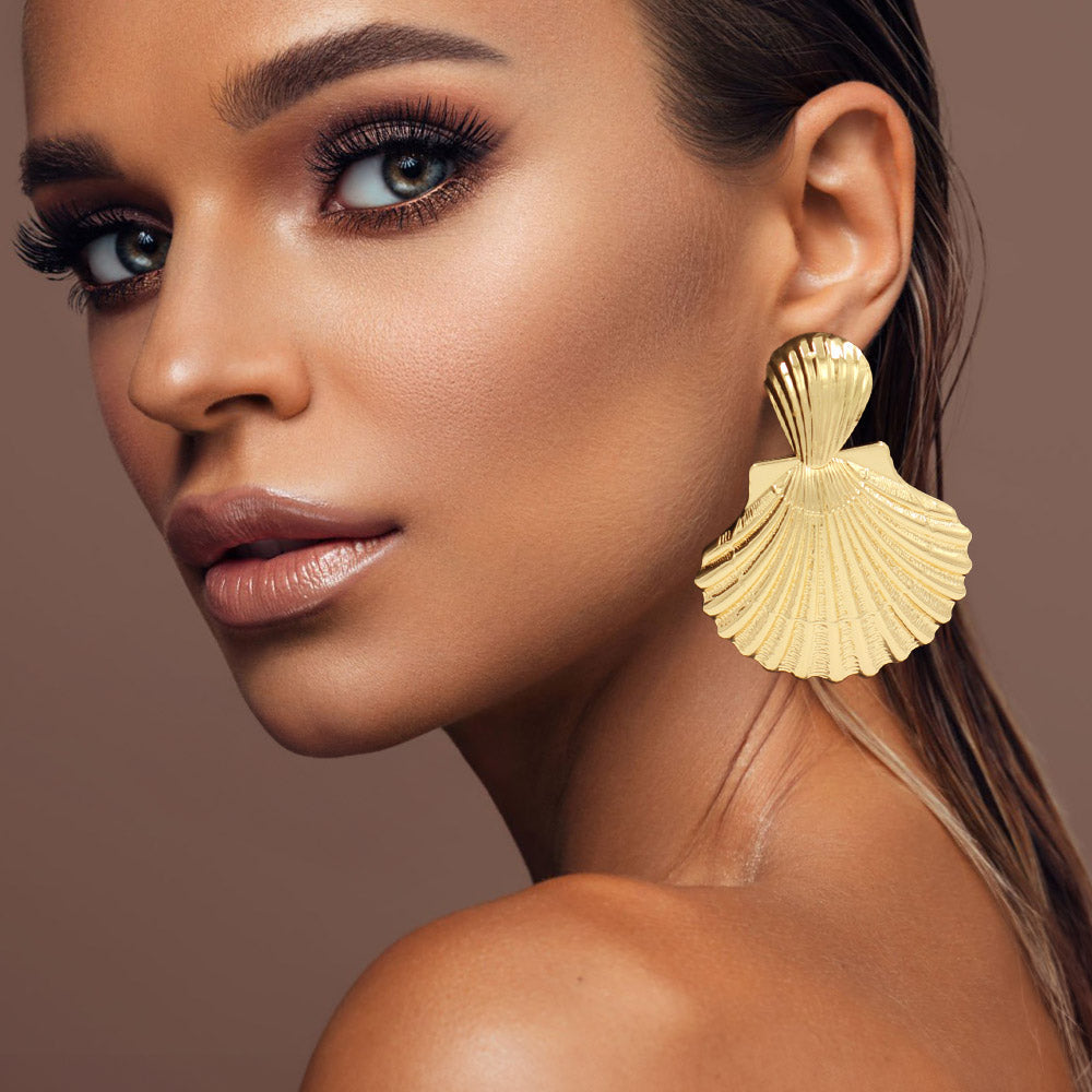 Madeline Love Gold Bold Textured Metal Shell Statement Earrings