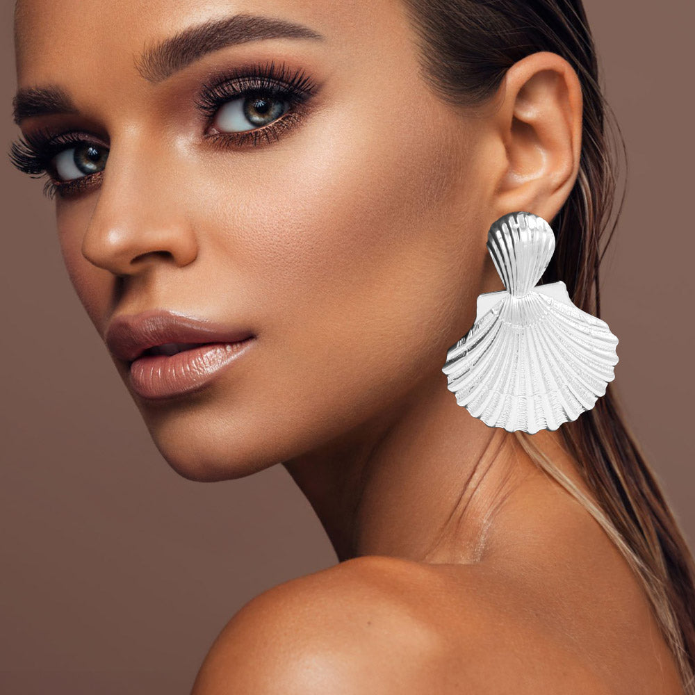 Madeline Love Rhodium Bold Textured Metal Shell Statement Earrings
