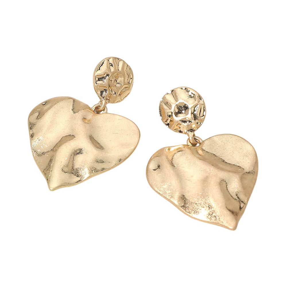 Madeline Love Worn Gold Worn Metal Hammered Heart Drop Earrings - desc