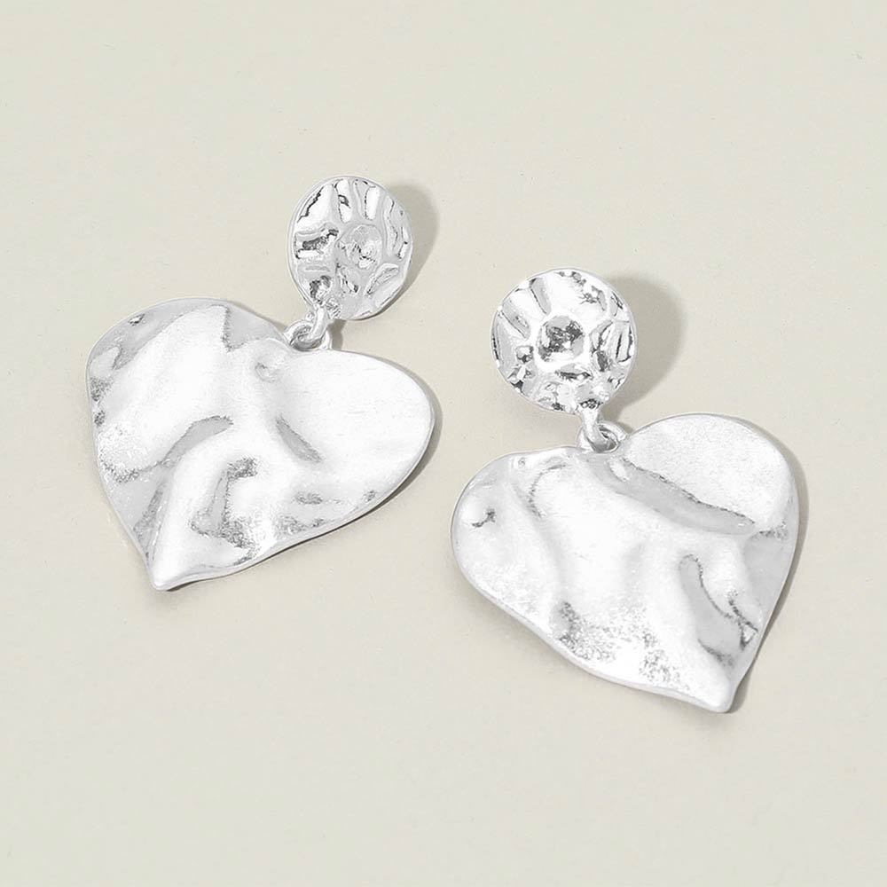Madeline Love Worn Silver Worn Metal Hammered Heart Drop Earrings
