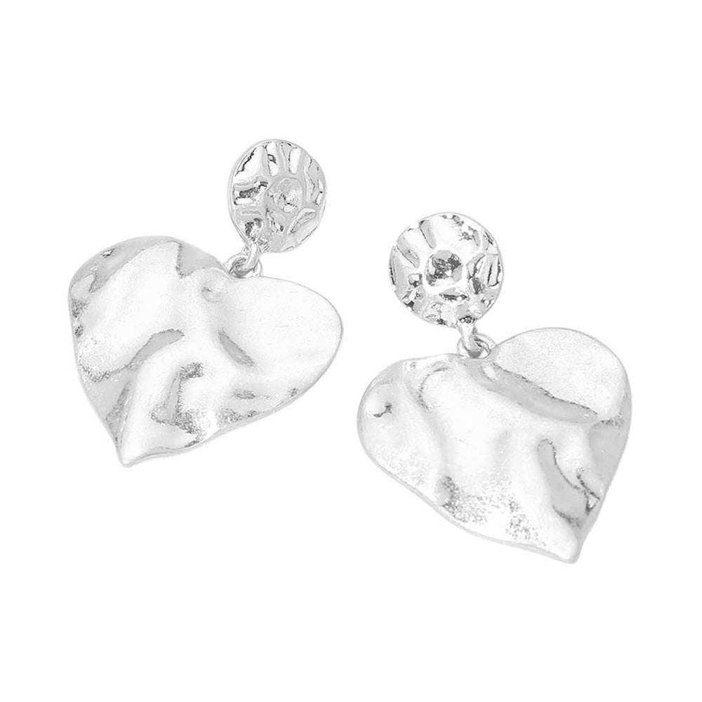 Madeline Love Worn Silver Worn Metal Hammered Heart Drop Earrings - desc