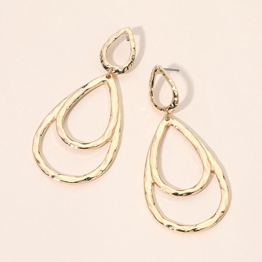 Madeline Love Gold Hammered Metal Layerd Double Open Teardrop Earrings