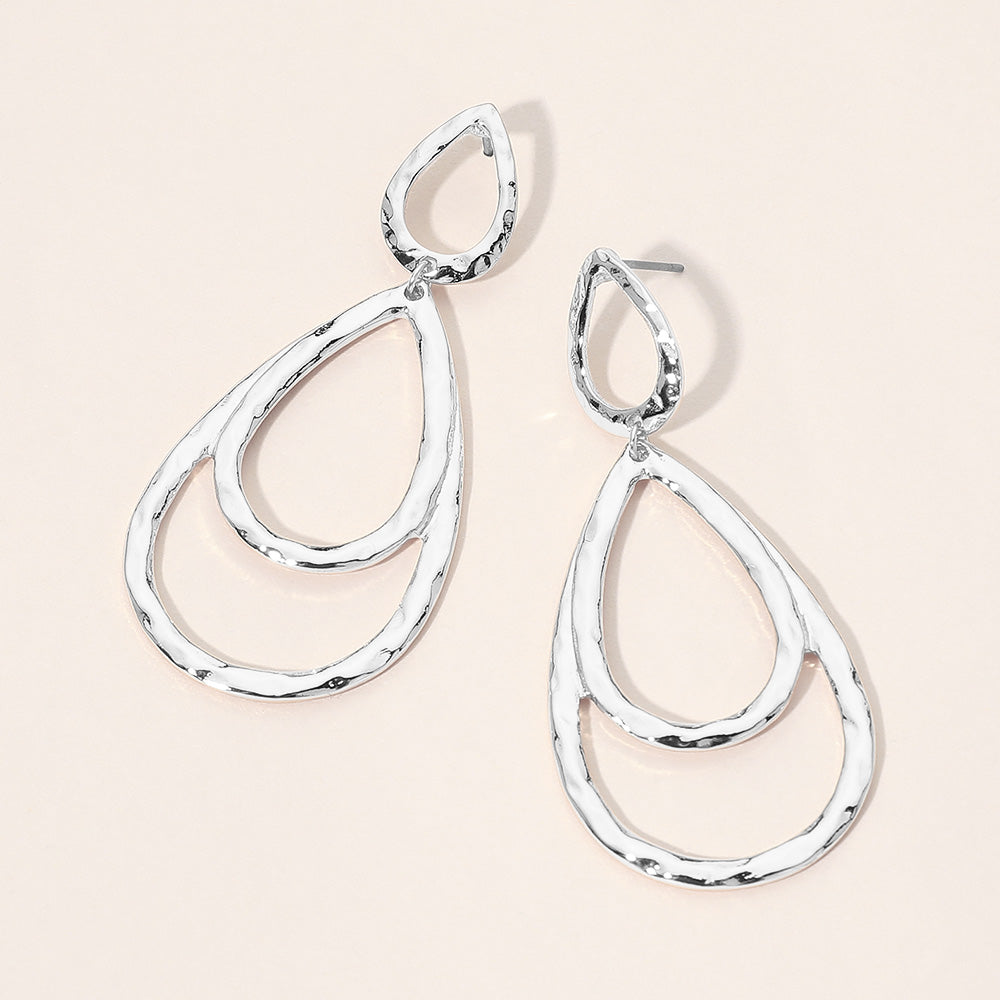 Madeline Love Silver Hammered Metal Layerd Double Open Teardrop Earrings