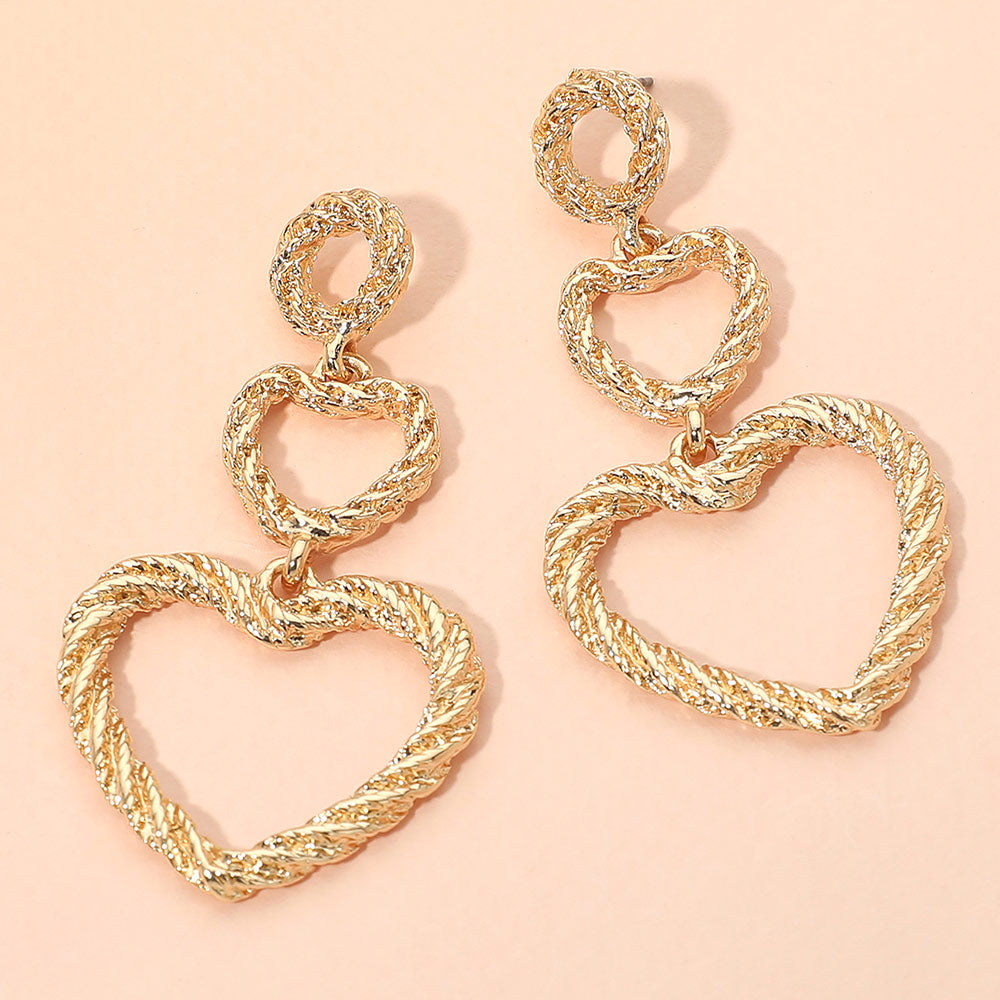 Madeline Love Gold Textured Double Open Heart Link Drop Statement Earrings