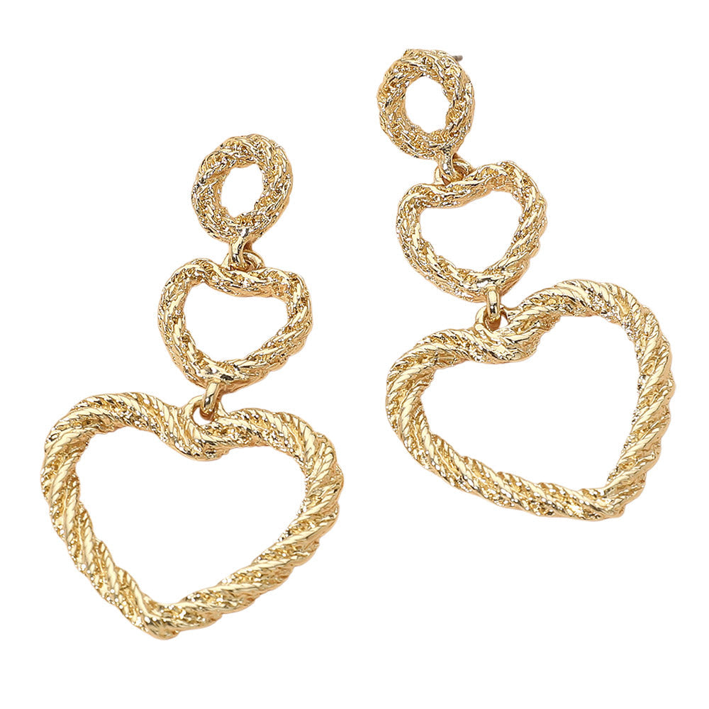 Madeline Love Gold Textured Double Open Heart Link Drop Statement Earrings - desc