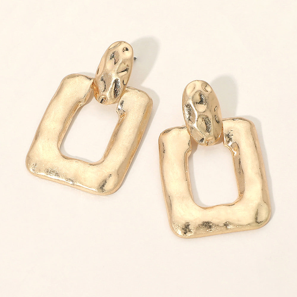 Madeline Love Worn Gold Hammered Metal Sculpted Square Door Knocker Statement Earrings
